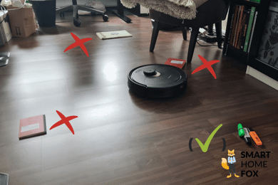 Roborock Q Revo во время теста на обнаружение препятствий в тесте с плоскими объектами.