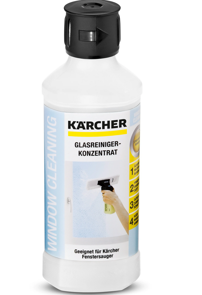 Концентрат для мытья стекол от Karcher стоит на белом фоне.