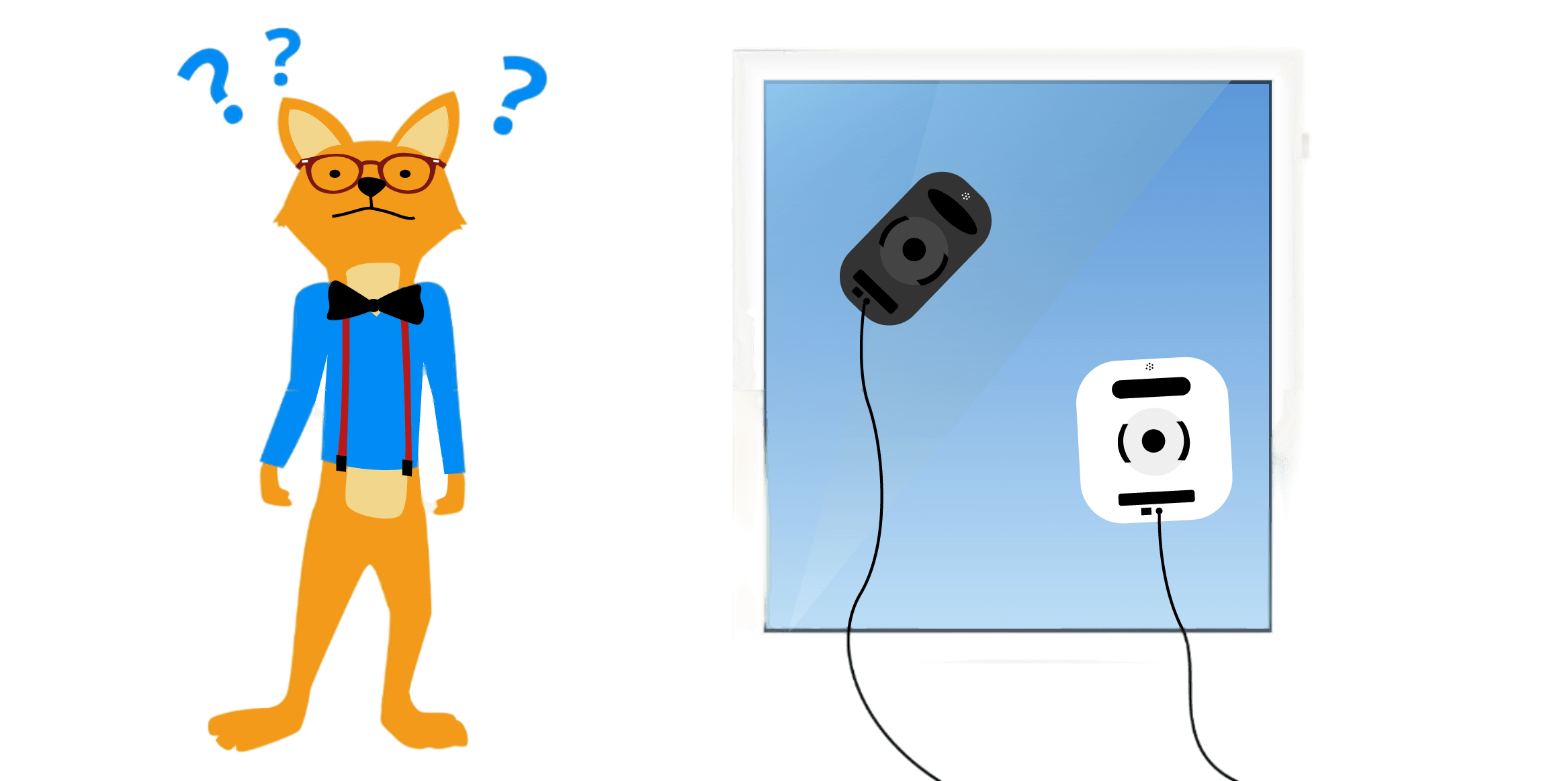 Сотрудник “Smart fox” стоит и размышляет, наблюдая за тем, как 2 робота-мойщика окон моют окно